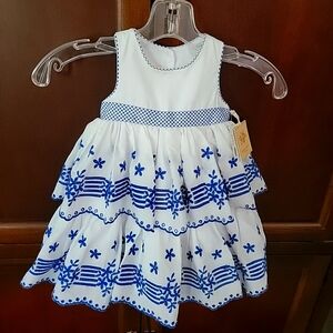 Laura Ashley white ruffled dress with blue embroidery